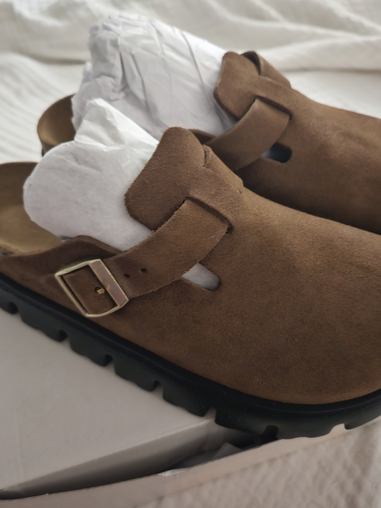 Birkenstock Shoes - Birkenstock Boston Chunky Suede Slip-On Clog with Buckle in Dark Tea/Black